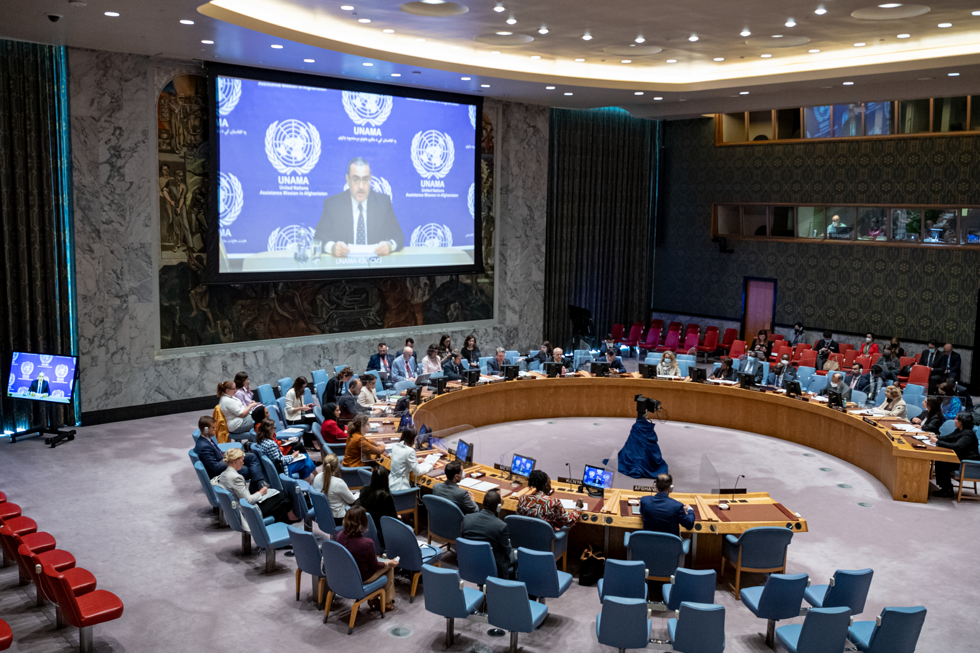Ramiz Alakbarov (on screen), Deputy Special Representative of the Secretary-General, Resident and Humanitarian Coordinator for Afghanistan, briefs the Security Council meeting on the situation in Afghanistan and its implications for international peace and security.