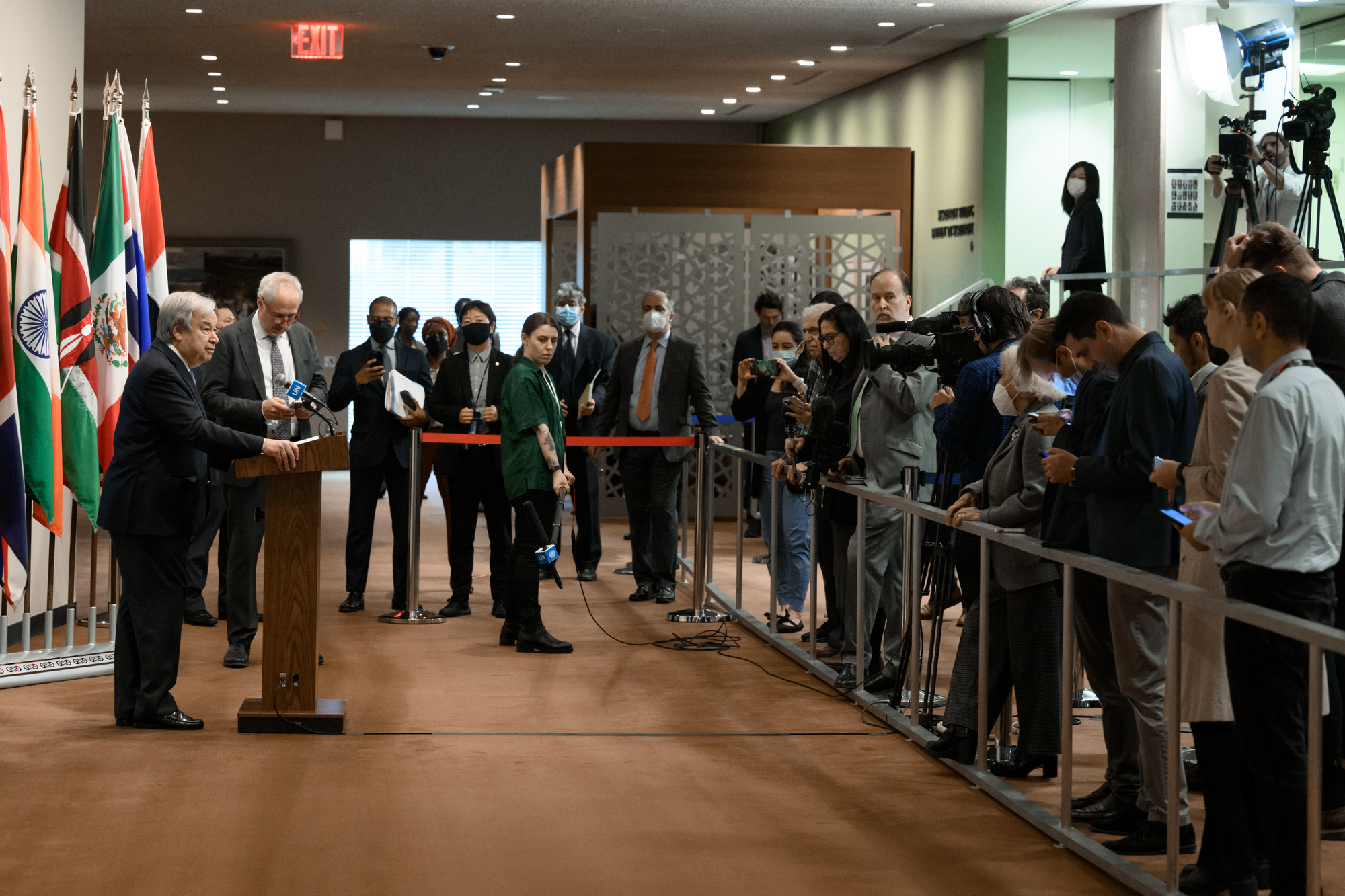 Secretary-General António Guterres (left at podium) briefs reporters on the Black Sea Grain Initiative, Ethiopia and the upcoming UN Climate Conference (COP27) at UN Headquarters. 
